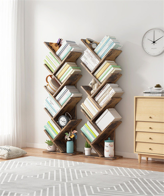 Étagère en bois d'arbre de noir de coin de bibliothèque d'étagère d'arbre de plancher de GV