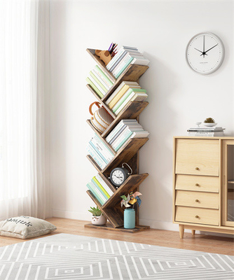 Étagère en bois d'arbre de noir de coin de bibliothèque d'étagère d'arbre de plancher de GV