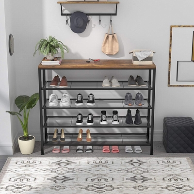Grand métal rustique de 5 rangées unité de support de chaussure de 18 paires avec le conseil en bois