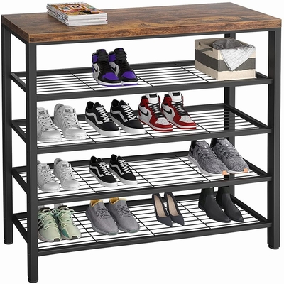 Grand métal rustique de 5 rangées unité de support de chaussure de 18 paires avec le conseil en bois