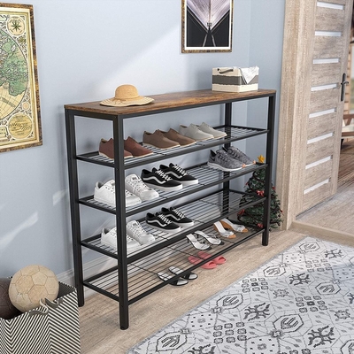 Grand métal rustique de 5 rangées unité de support de chaussure de 18 paires avec le conseil en bois