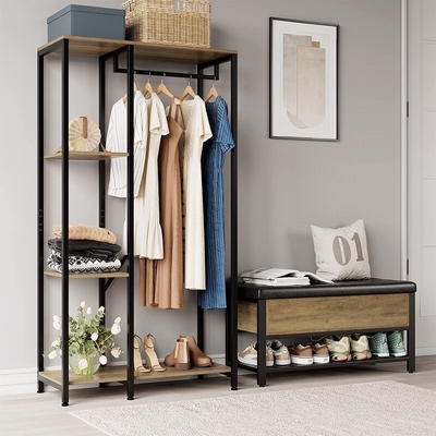 Garde-robe rustique Hall Tree For Bedroom Apartment de supports de stockage de vêtements en bois en métal