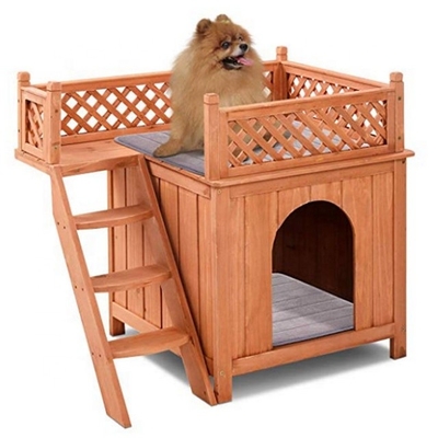 Abri en bois de Chambre d'animal familier de chiot avec extérieur d'intérieur de balcon d'escaliers