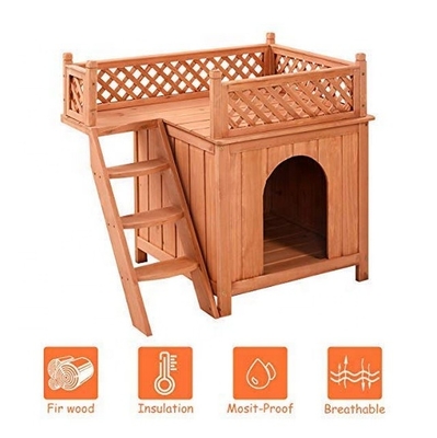 Abri en bois de Chambre d'animal familier de chiot avec extérieur d'intérieur de balcon d'escaliers
