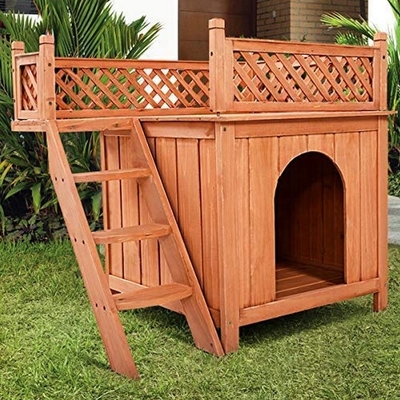 Abri en bois de Chambre d'animal familier de chiot avec extérieur d'intérieur de balcon d'escaliers